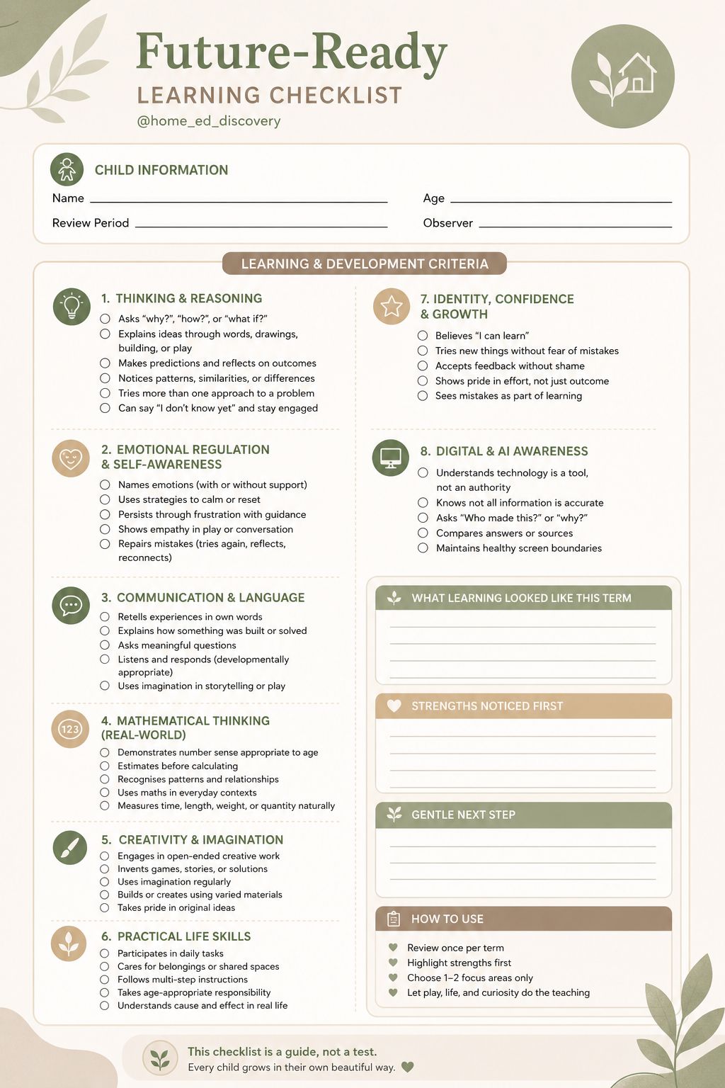 Future-Ready Learning Checklist - a printable guide covering 8 areas of child development